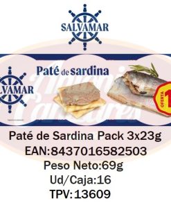 Pate de sardina pack 3x23g Salvamar – Peso Neto 69 Grs. – Caja de 16 Unidades